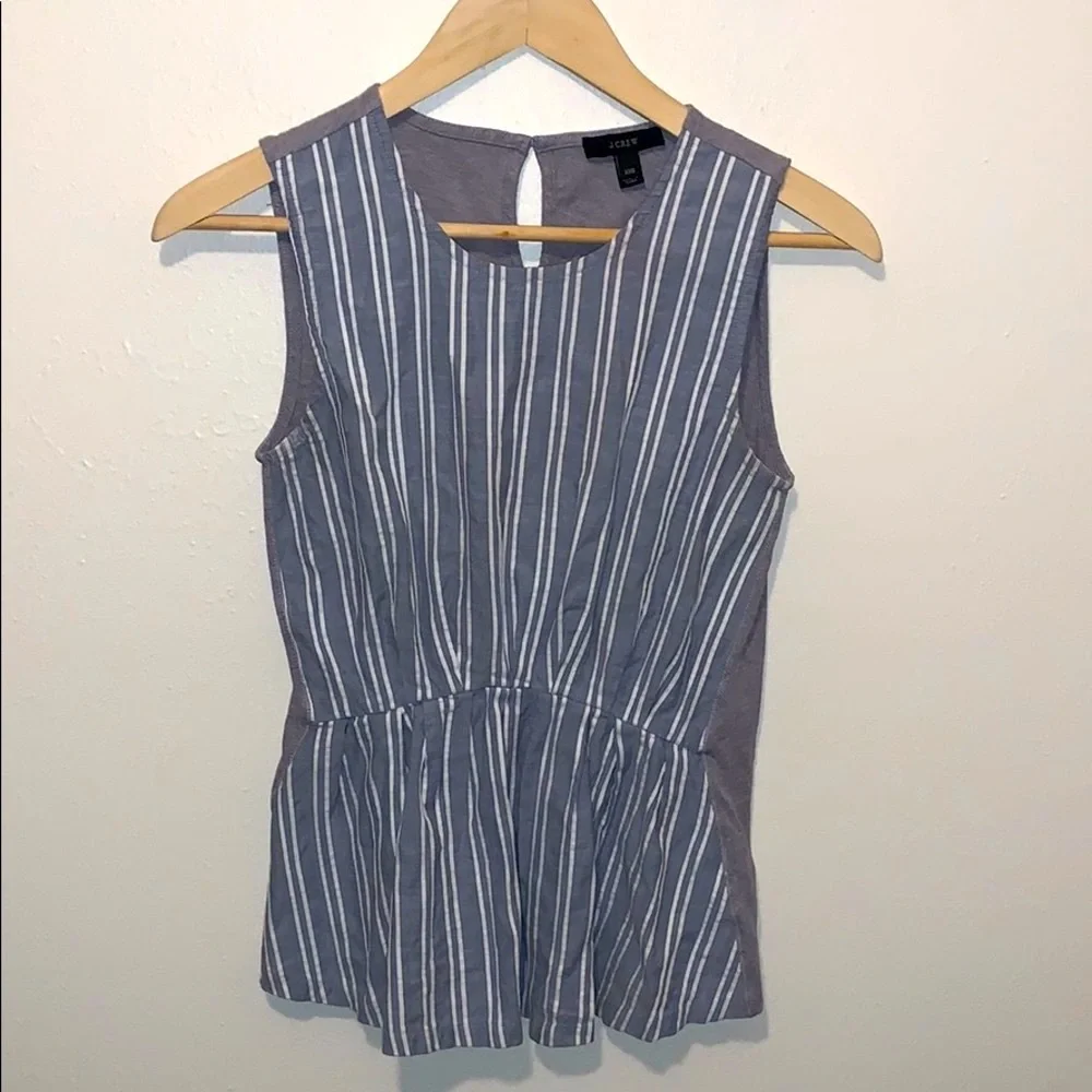 J Crew Striped Chambray Top Peplum Sleeveless Blue White Cotton XXS
